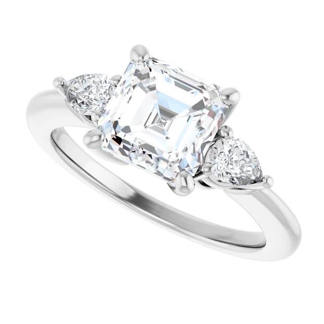 Three-stone engagement ring with pear side stones in 14K gold, diamond center, showing setting detail variant--Asscher variant--2CT variant--14K-white-gold
