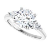 Three-stone engagement ring with pear side stones in 14K gold, diamond center, showing setting detail variant--Round variant--2CT variant--14K-white-gold