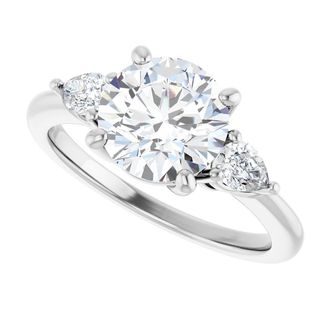 Three-stone engagement ring with pear side stones in 14K gold, diamond center, showing setting detail variant--Round variant--2CT variant--14K-white-gold