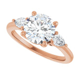 Three-stone engagement ring with pear side stones in 14K gold, diamond center, on hand variant--Round variant--2CT variant--14K-rose-gold