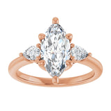 Three-stone engagement ring with pear side stones in 14K gold, diamond center, showing setting detail variant--Marquise variant--2CT variant--14K-rose-gold