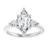 Three-stone engagement ring with pear side stones in 14K gold, diamond center, on hand variant--Marquise variant--2CT variant--14K-white-gold
