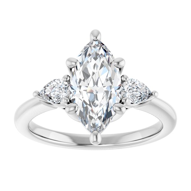 Three-stone engagement ring with pear side stones in 14K gold, diamond center, on hand variant--Marquise variant--2CT variant--14K-white-gold