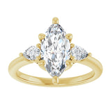 Three-stone engagement ring with pear side stones in 14K gold, diamond center, overhead variant--Marquise variant--2CT variant--14K-yellow-gold