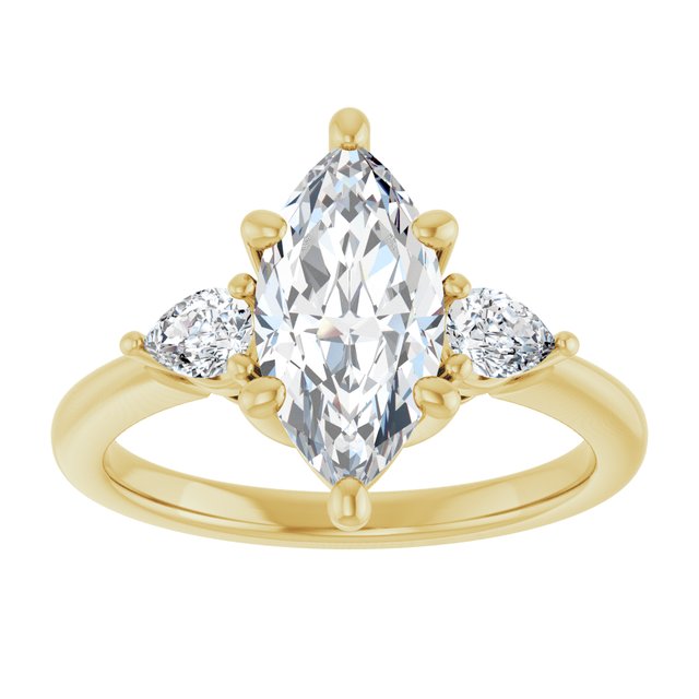 Three-stone engagement ring with pear side stones in 14K gold, diamond center, overhead variant--Marquise variant--2CT variant--14K-yellow-gold
