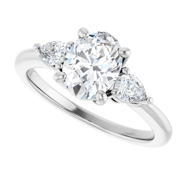Three-stone engagement ring with pear side stones in 14K gold, diamond center, three-quarter angle variant--Oval variant--1CT variant--14K-white-gold
