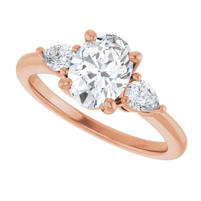 Three-stone engagement ring with pear side stones in 14K gold, diamond center, overhead variant--Oval variant--1CT variant--14K-rose-gold