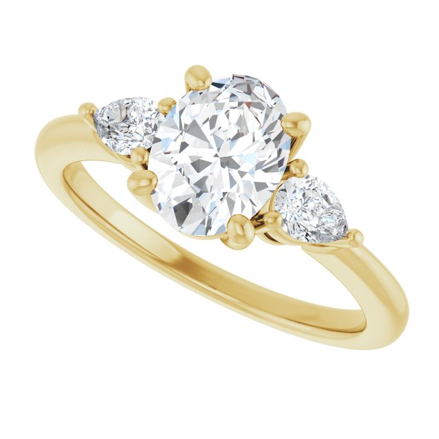 Three-stone engagement ring with pear side stones in 14K gold, diamond center, on hand variant--Oval variant--1CT variant--14K-yellow-gold