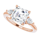 Three-stone engagement ring with pear side stones in 14K gold, diamond center, three-quarter angle variant--Asscher variant--3CT variant--14K-rose-gold