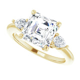 Three-stone engagement ring with pear side stones in 14K gold, diamond center, showing setting detail variant--Asscher variant--3CT variant--14K-yellow-gold