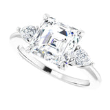 Three-stone engagement ring with pear side stones in 14K gold, diamond center, overhead variant--Asscher variant--3CT variant--14K-white-gold