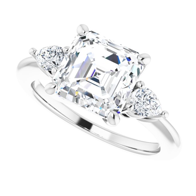 Three-stone engagement ring with pear side stones in 14K gold, diamond center, overhead variant--Asscher variant--3CT variant--14K-white-gold