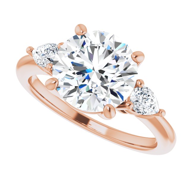 Three-stone engagement ring with pear side stones in 14K gold, diamond center, three-quarter angle variant--Round variant--3CT variant--14K-rose-gold