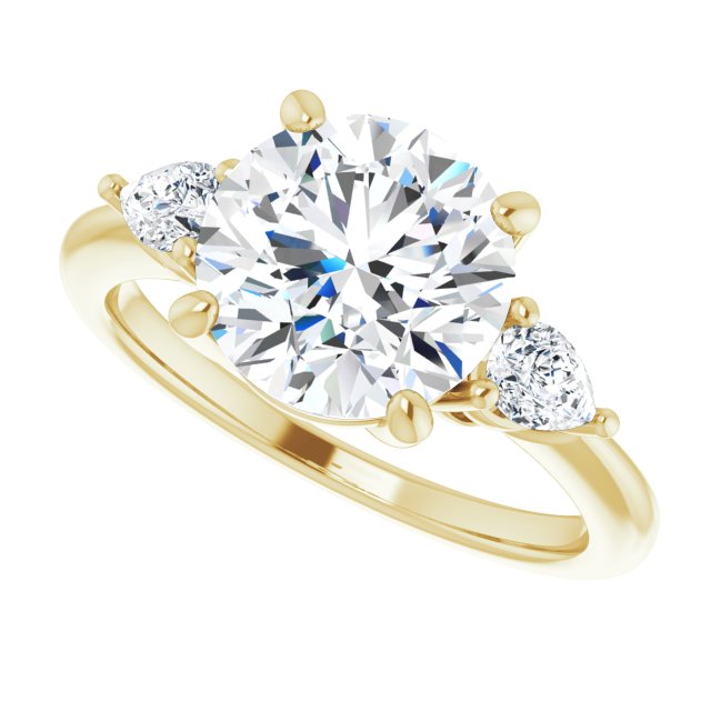 Three-stone engagement ring with pear side stones in 14K gold, diamond center, showing setting detail variant--Round variant--3CT variant--14K-yellow-gold