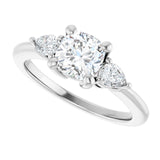 Three-stone engagement ring with pear side stones in 14K gold, diamond center, three-quarter angle variant--Cushion variant--1CT variant--14K-white-gold