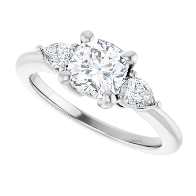 Three-stone engagement ring with pear side stones in 14K gold, diamond center, three-quarter angle variant--Cushion variant--1CT variant--14K-white-gold