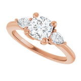 Three-stone engagement ring with pear side stones in 14K gold, diamond center, overhead variant--Cushion variant--1CT variant--14K-rose-gold
