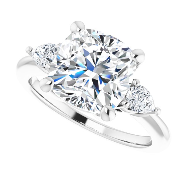 Three-stone engagement ring with pear side stones in 14K gold, diamond center, on hand variant--Cushion variant--4CT variant--14K-white-gold