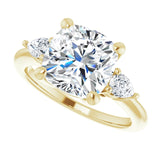 Three-stone engagement ring with pear side stones in 14K gold, diamond center, overhead variant--Cushion variant--4CT variant--14K-yellow-gold