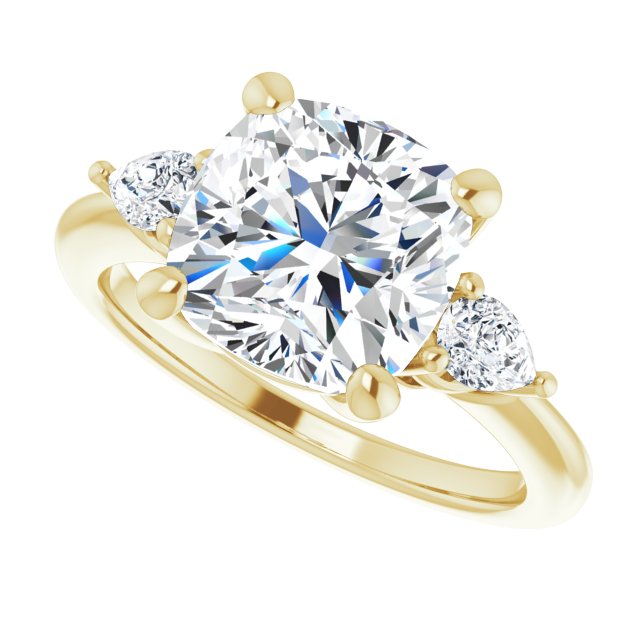 Three-stone engagement ring with pear side stones in 14K gold, diamond center, overhead variant--Cushion variant--4CT variant--14K-yellow-gold