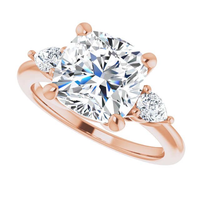 Three-stone engagement ring with pear side stones in 14K gold, diamond center, showing setting detail variant--Cushion variant--4CT variant--14K-rose-gold