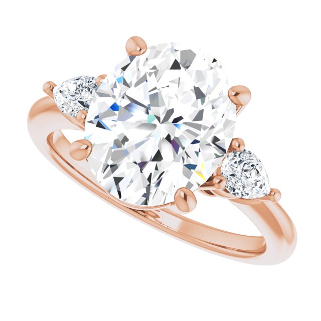 Three-stone engagement ring with pear side stones in 14K gold, diamond center, showing setting detail variant--Oval variant--4CT variant--14K-rose-gold