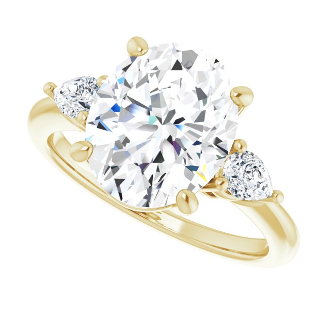 Three-stone engagement ring with pear side stones in 14K gold, diamond center, overhead variant--Oval variant--4CT variant--14K-yellow-gold