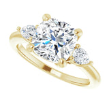 Three-stone engagement ring with pear side stones in 14K gold, diamond center, showing setting detail variant--Cushion variant--3CT variant--14K-yellow-gold
