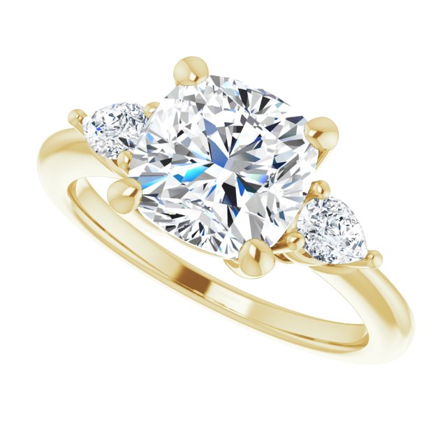Three-stone engagement ring with pear side stones in 14K gold, diamond center, showing setting detail variant--Cushion variant--3CT variant--14K-yellow-gold