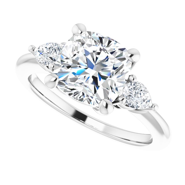 Three-stone engagement ring with pear side stones in 14K gold, diamond center, overhead variant--Cushion variant--3CT variant--14K-white-gold