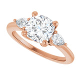Three-stone engagement ring with pear side stones in 14K gold, diamond center, on hand variant--Cushion variant--2CT variant--14K-rose-gold