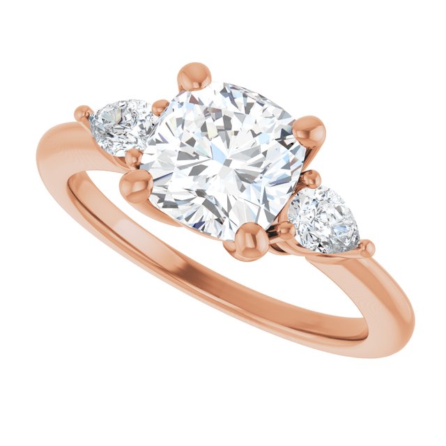 Three-stone engagement ring with pear side stones in 14K gold, diamond center, on hand variant--Cushion variant--2CT variant--14K-rose-gold