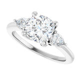 Three-stone engagement ring with pear side stones in 14K gold, diamond center, showing setting detail variant--Cushion variant--2CT variant--14K-white-gold