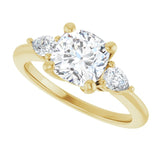 Three-stone engagement ring with pear side stones in 14K gold, diamond center, three-quarter angle variant--Cushion variant--2CT variant--14K-yellow-gold