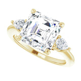 Three-stone engagement ring with pear side stones in 14K gold, diamond center, overhead variant--Asscher variant--4CT variant--14K-yellow-gold
