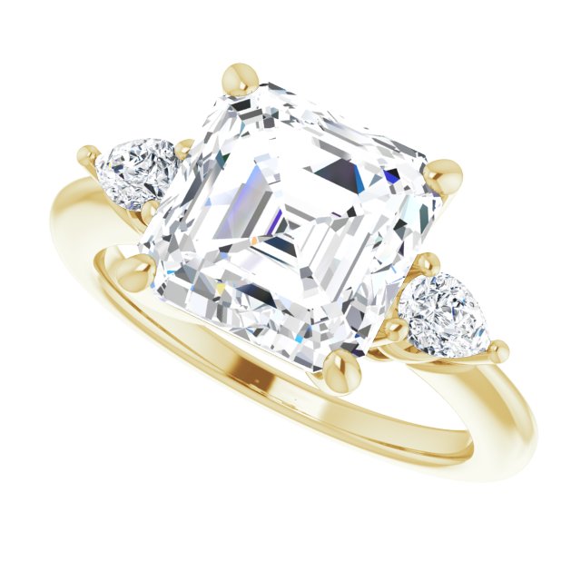 Three-stone engagement ring with pear side stones in 14K gold, diamond center, overhead variant--Asscher variant--4CT variant--14K-yellow-gold