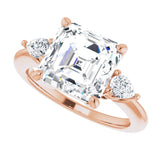 Three-stone engagement ring with pear side stones in 14K gold, diamond center, showing setting detail variant--Asscher variant--4CT variant--14K-rose-gold