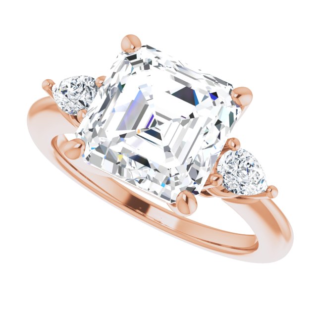 Three-stone engagement ring with pear side stones in 14K gold, diamond center, showing setting detail variant--Asscher variant--4CT variant--14K-rose-gold
