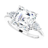 Three-stone engagement ring with pear side stones in 14K gold, diamond center, on hand variant--Asscher variant--4CT variant--14K-white-gold