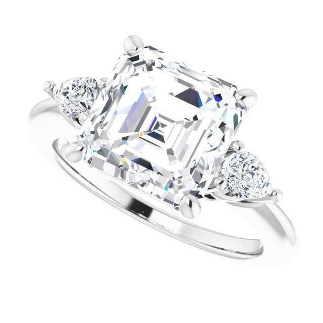 Three-stone engagement ring with pear side stones in 14K gold, diamond center, on hand variant--Asscher variant--4CT variant--14K-white-gold