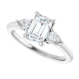 Three-stone engagement ring with pear side stones in 14K gold, diamond center, three-quarter angle variant--Emerald variant--1CT variant--14K-white-gold