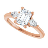 Three-stone engagement ring with pear side stones in 14K gold, diamond center, overhead variant--Emerald variant--1CT variant--14K-rose-gold