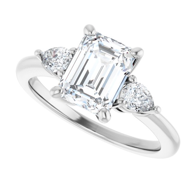 Three-stone engagement ring with pear side stones in 14K gold, diamond center, showing setting detail variant--Emerald variant--2CT variant--14K-white-gold