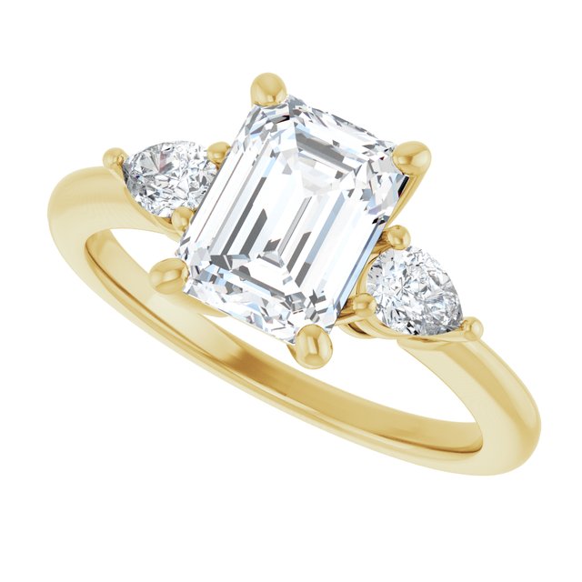 Three-stone engagement ring with pear side stones in 14K gold, diamond center, three-quarter angle variant--Emerald variant--2CT variant--14K-yellow-gold