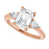 Three-stone engagement ring with pear side stones in 14K gold, diamond center, on hand variant--Emerald variant--2CT variant--14K-rose-gold
