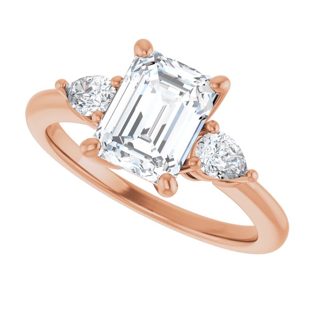 Three-stone engagement ring with pear side stones in 14K gold, diamond center, on hand variant--Emerald variant--2CT variant--14K-rose-gold