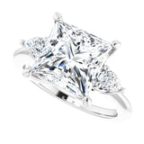 Three-stone engagement ring with pear side stones in 14K gold, diamond center, three-quarter angle variant--Square variant--4CT variant--14K-white-gold