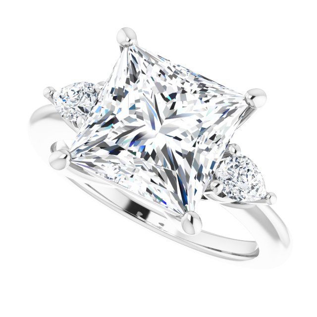 Three-stone engagement ring with pear side stones in 14K gold, diamond center, three-quarter angle variant--Square variant--4CT variant--14K-white-gold