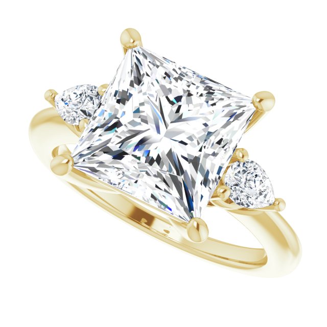 Three-stone engagement ring with pear side stones in 14K gold, diamond center, on hand variant--Square variant--4CT variant--14K-yellow-gold