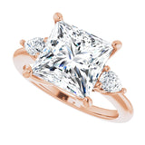 Three-stone engagement ring with pear side stones in 14K gold, diamond center, overhead variant--Square variant--4CT variant--14K-rose-gold